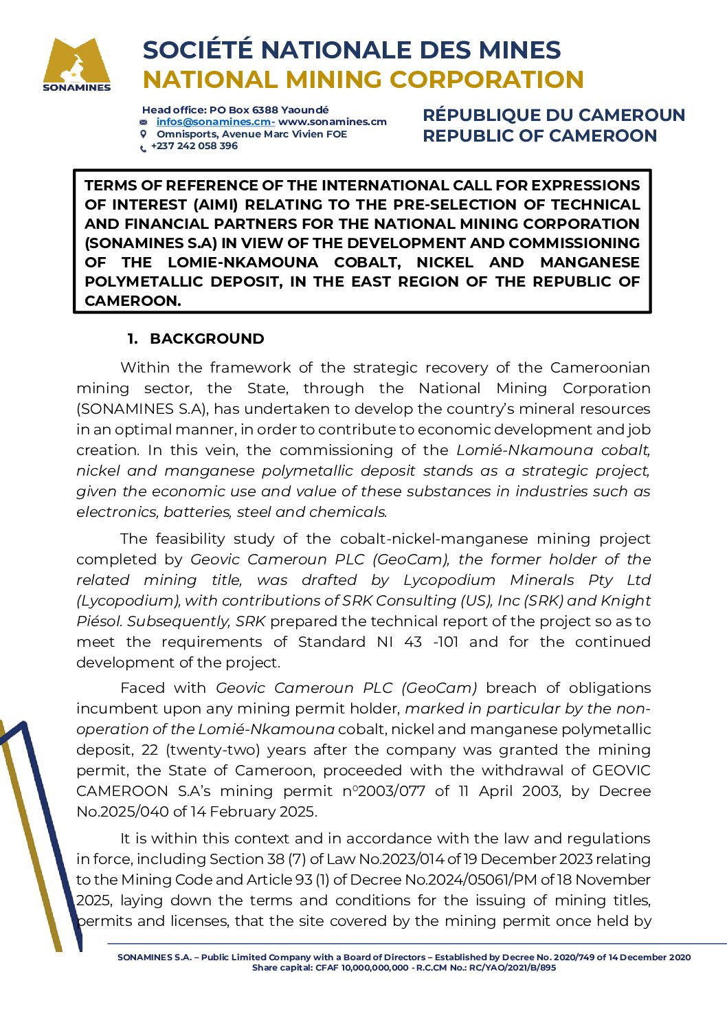 Avis d’appel international à manifestation d’intérêt pour les projets de rutile d’Akonolinga et de cobalt-nickel manganese de Nkamouna — Société Nationale des Mines