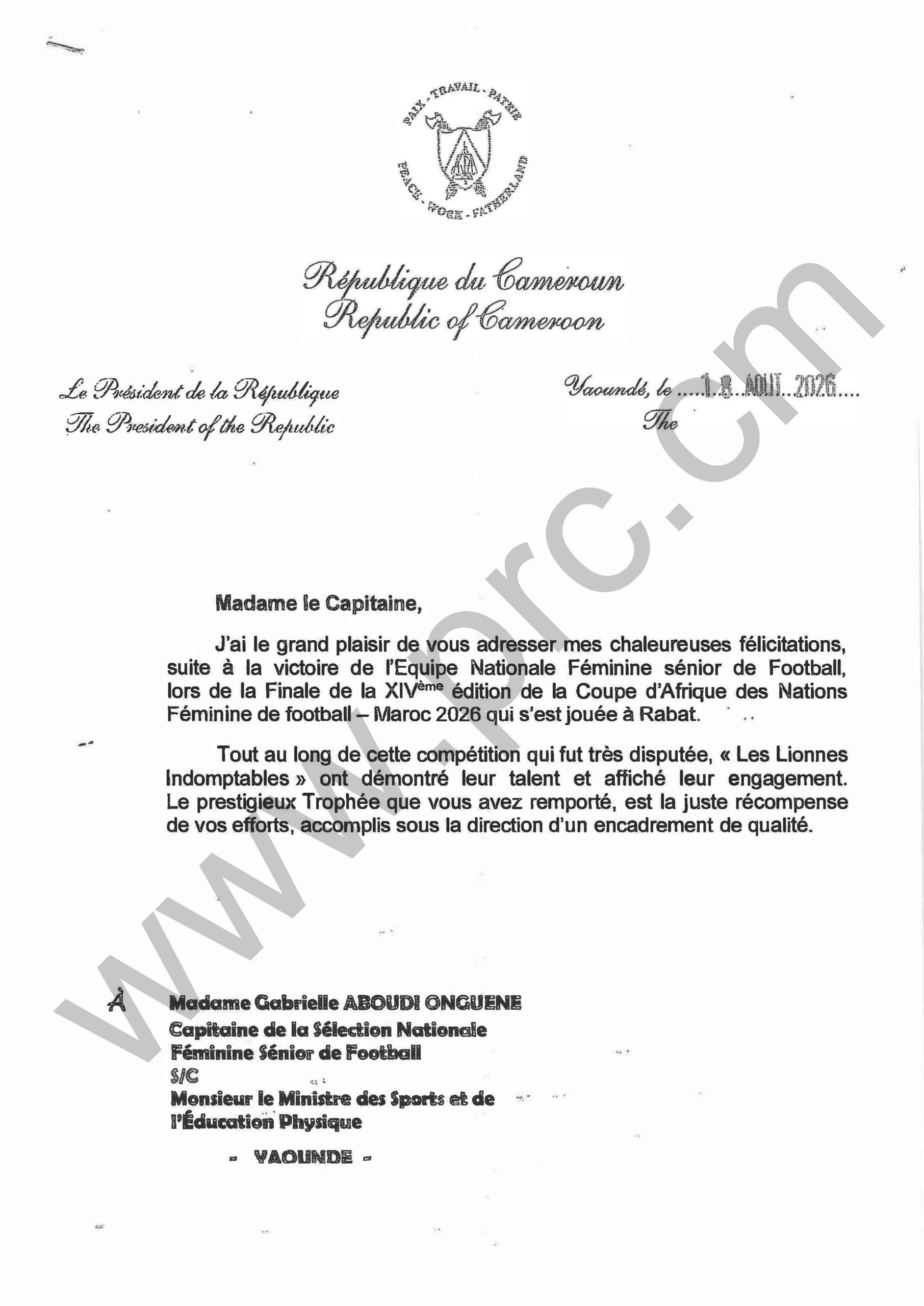 Les félicitations du Chef de l’Etat aux Lionnes Indomptables — Secrétariat Général de la Présidence de la République