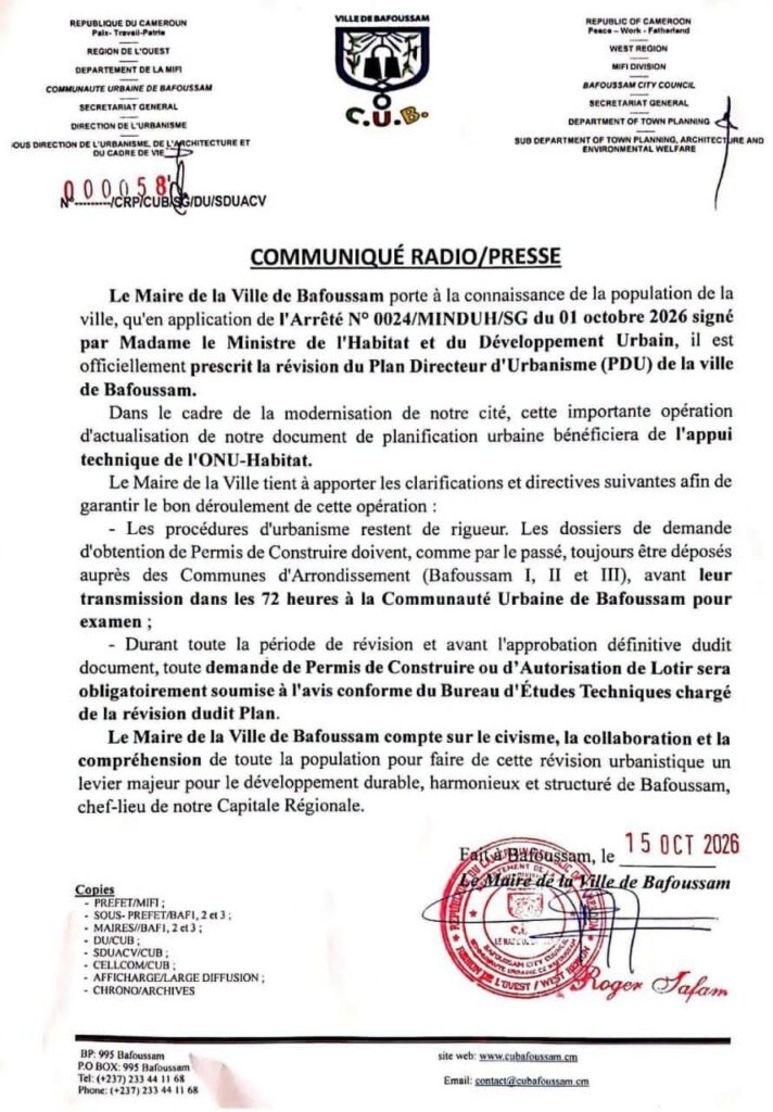 COMMUNIQUE — Communauté Urbaine de Bafoussam