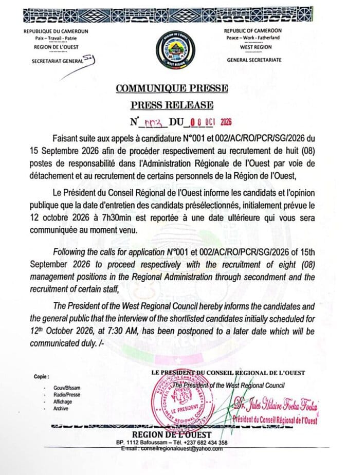 COMMUNIQUÉ : REPORT DES ENTRETIENS DE RECRUTEMENT – Conseil Régional de l’Ouest — Conseil Régional de l'Ouest